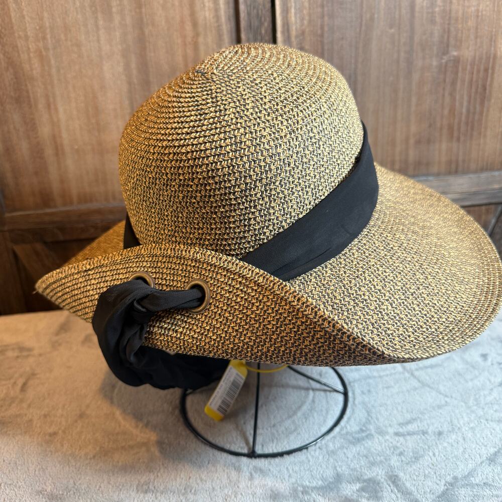 Nine West Wide Brim Straw Sun Hat Brown Black Floppy Beach Resort Womens - Picture 3 of 8